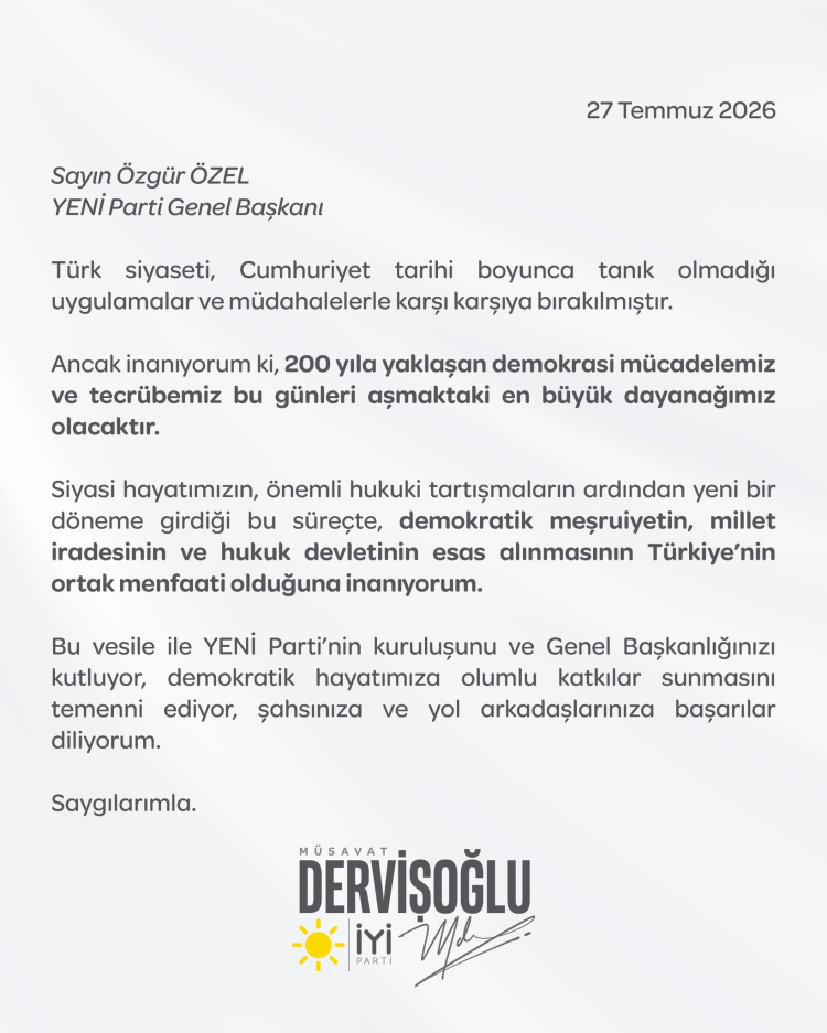 Müsavat Dervişoğlu’ndan YENİ Parti ve Özgür Özel’e tebrik - Detay görseli 1